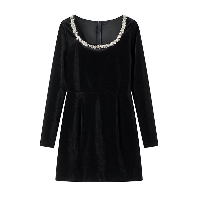 Endless Celebration Velvet Jewel Embellished Trim Long Sleeve Pocketed Mini Dress