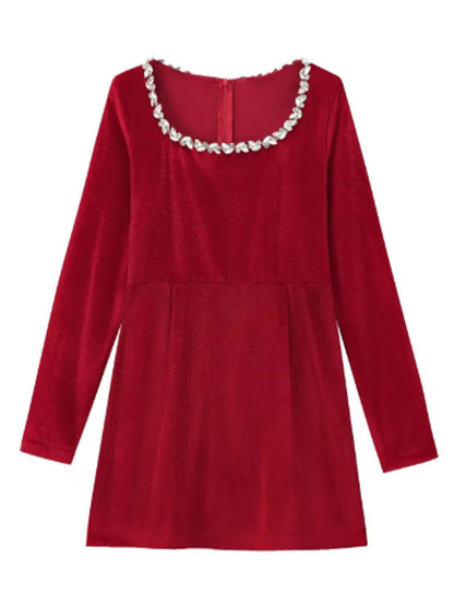Endless Celebration Velvet Jewel Embellished Trim Long Sleeve Pocketed Mini Dress