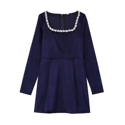 Endless Celebration Velvet Jewel Embellished Trim Long Sleeve Pocketed Mini Dress
