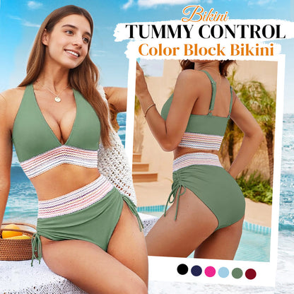 High Waisted Tummy Control Color Block Bikini Sets
