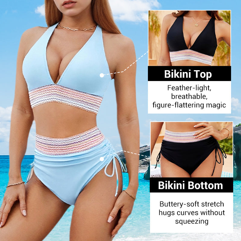 High Waisted Tummy Control Color Block Bikini Sets