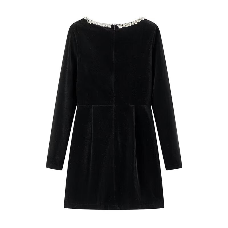 Endless Celebration Velvet Jewel Embellished Trim Long Sleeve Pocketed Mini Dress