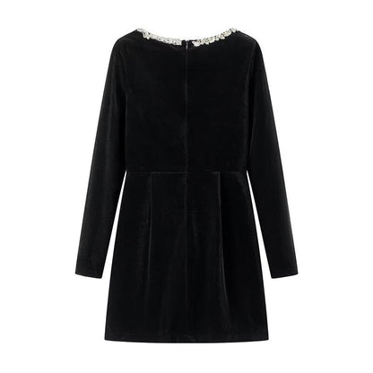 Endless Celebration Velvet Jewel Embellished Trim Long Sleeve Pocketed Mini Dress
