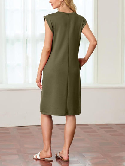 Women Round Neck Loose Split Wrinkle-Free Midi Dress with Pockets