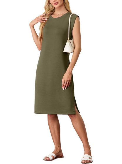Women Round Neck Loose Split Wrinkle-Free Midi Dress with Pockets