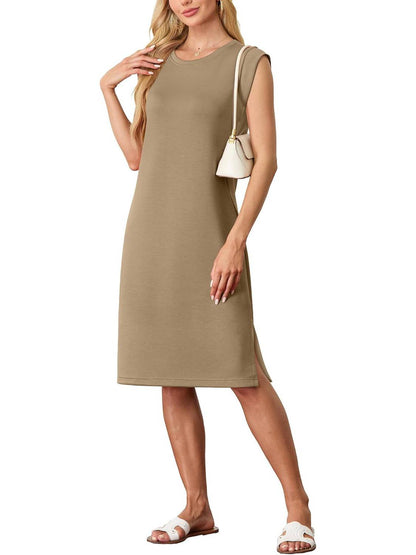 Women Round Neck Loose Split Wrinkle-Free Midi Dress with Pockets