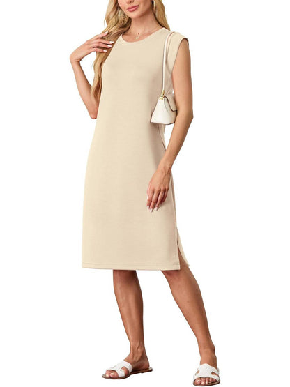 Women Round Neck Loose Split Wrinkle-Free Midi Dress with Pockets