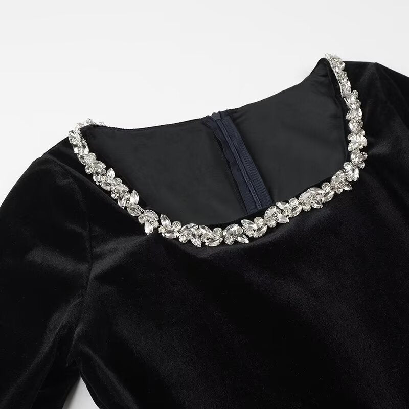 Endless Celebration Velvet Jewel Embellished Trim Long Sleeve Pocketed Mini Dress