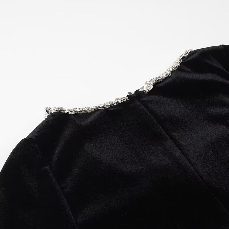 Endless Celebration Velvet Jewel Embellished Trim Long Sleeve Pocketed Mini Dress