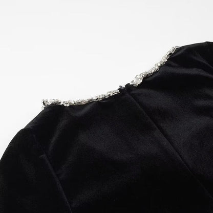 Endless Celebration Velvet Jewel Embellished Trim Long Sleeve Pocketed Mini Dress