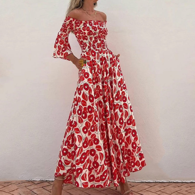 Close To The Vacation Floral Print Smocked Off Shoulder Pocketed Maxi Dress