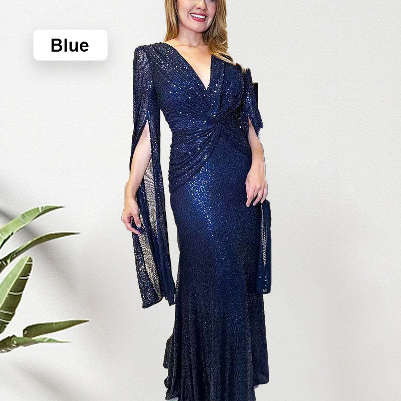 Shine Brighter Sequin Cape Sleeve Cross Waist Evening Maxi Dress
