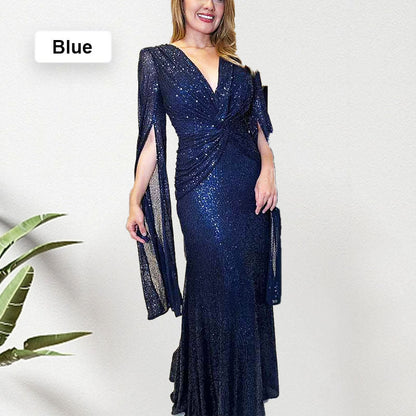 Shine Brighter Sequin Cape Sleeve Cross Waist Evening Maxi Dress