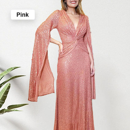 Shine Brighter Sequin Cape Sleeve Cross Waist Evening Maxi Dress