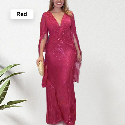 Shine Brighter Sequin Cape Sleeve Cross Waist Evening Maxi Dress