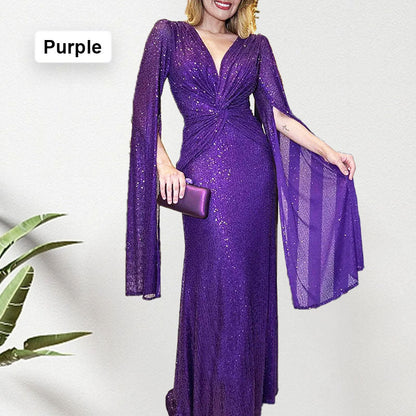 Shine Brighter Sequin Cape Sleeve Cross Waist Evening Maxi Dress