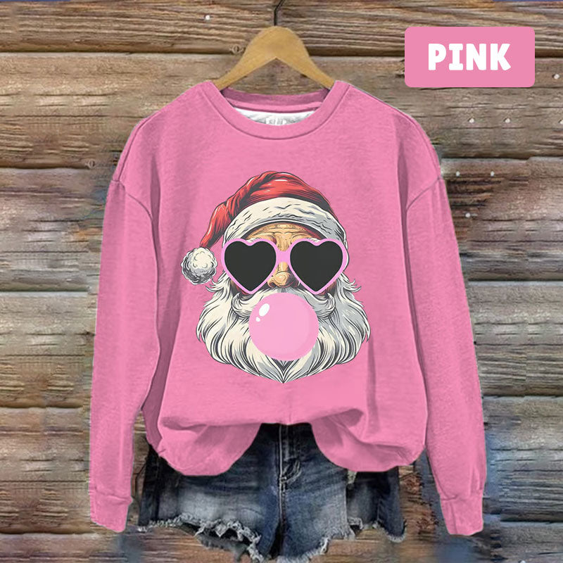 Santa Claus Digital Print Round Neck Long Sleeve Top
