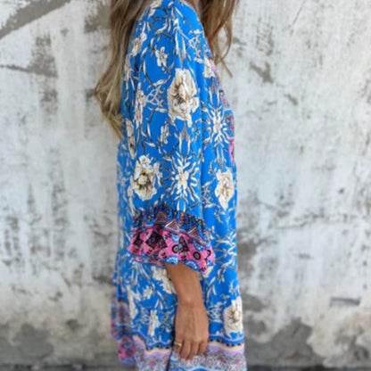 Casual Floral V-Neck Button Closure Dress