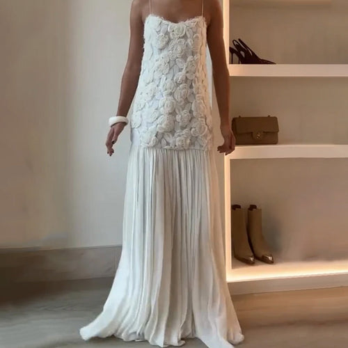 Indulge in Floral Applique Pleated Chiffon Hem Slip Maxi Dress