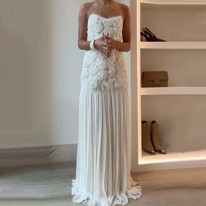 Indulge in Floral Applique Pleated Chiffon Hem Slip Maxi Dress