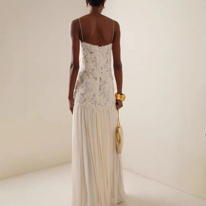 Indulge in Floral Applique Pleated Chiffon Hem Slip Maxi Dress