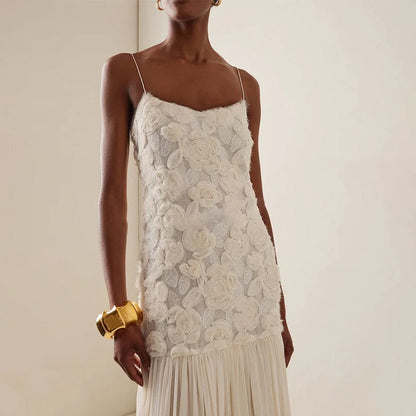 Indulge in Floral Applique Pleated Chiffon Hem Slip Maxi Dress