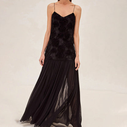Indulge in Floral Applique Pleated Chiffon Hem Slip Maxi Dress
