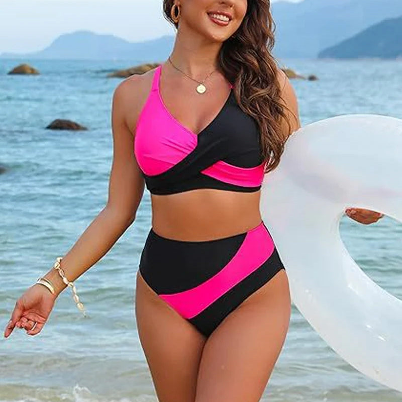 Women's Color-Block Criss Cross Lace Back Swimwear Set