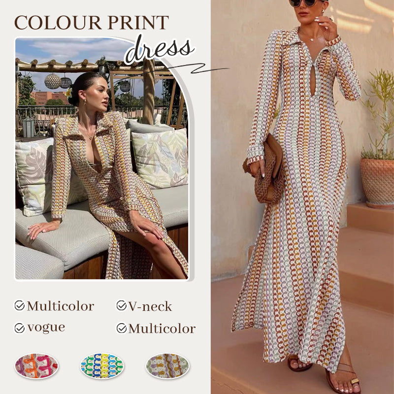 Bondi Beach Knit Colorful Wave Print Long Sleeve Vacation Maxi Dress
