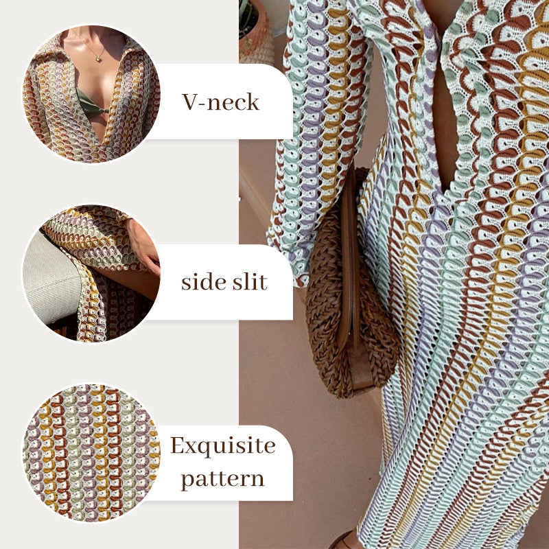 Bondi Beach Knit Colorful Wave Print Long Sleeve Vacation Maxi Dress