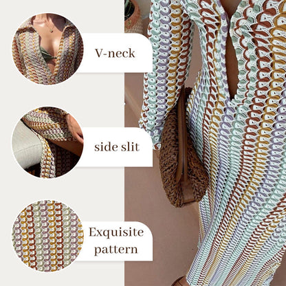 Bondi Beach Knit Colorful Wave Print Long Sleeve Vacation Maxi Dress