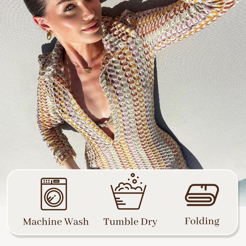 Bondi Beach Knit Colorful Wave Print Long Sleeve Vacation Maxi Dress