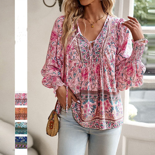 Women's Fashion Printed v-Neck Long Sleeve Shirt