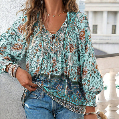 Women's Fashion Printed v-Neck Long Sleeve Shirt
