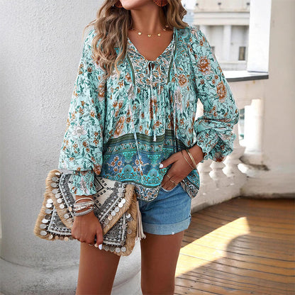 Women's Fashion Printed v-Neck Long Sleeve Shirt