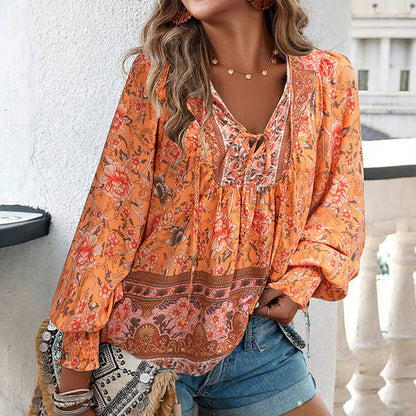Women's Fashion Printed v-Neck Long Sleeve Shirt