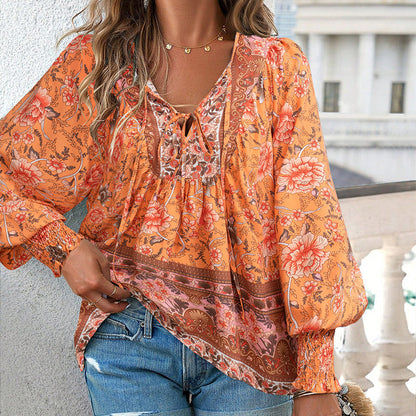Women's Fashion Printed v-Neck Long Sleeve Shirt