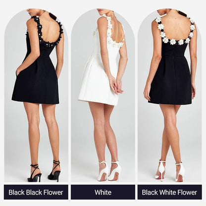 Cindy Faux Pearl Flower Applique Square Neck Pocketed Mini Dress