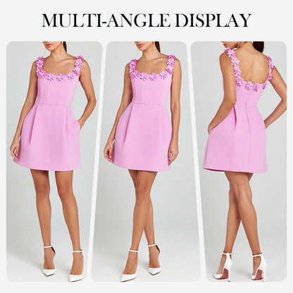 Cindy Faux Pearl Flower Applique Square Neck Pocketed Mini Dress