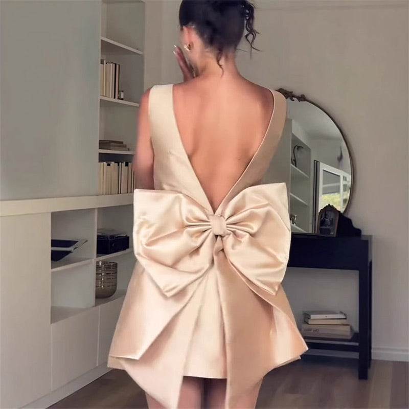 Ultimate Muse Satin Oversized Bow Detail Square Neck Mini Dress