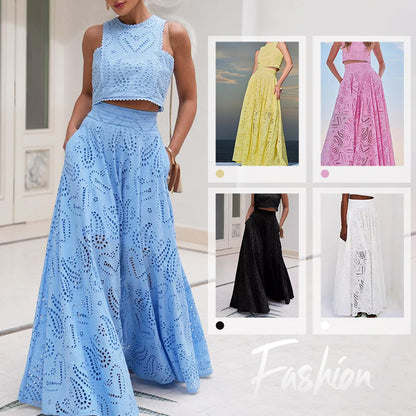 Paris Dreaming Embroidered Lace High Rise Elastic Waist Pocketed Maxi Skirt