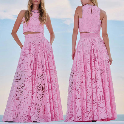 Paris Dreaming Embroidered Lace High Rise Elastic Waist Pocketed Maxi Skirt