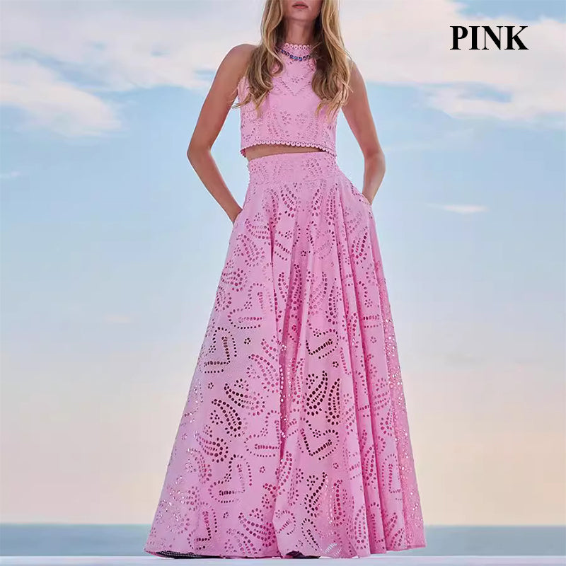 Paris Dreaming Embroidered Lace High Rise Elastic Waist Pocketed Maxi Skirt