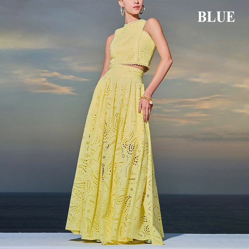 Paris Dreaming Embroidered Lace High Rise Elastic Waist Pocketed Maxi Skirt