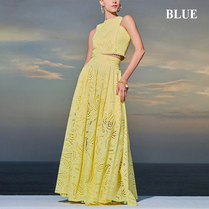 Paris Dreaming Embroidered Lace High Rise Elastic Waist Pocketed Maxi Skirt