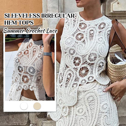 Summer Crochet Lace Sleeveless Irregular Hem Tops
