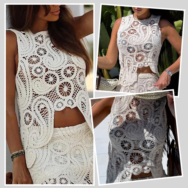 Summer Crochet Lace Sleeveless Irregular Hem Tops
