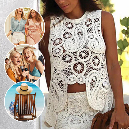 Summer Crochet Lace Sleeveless Irregular Hem Tops