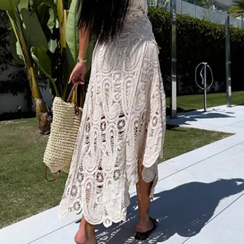 Summer Crochet Lace Elastic Irregular Hem Maxi Skirt