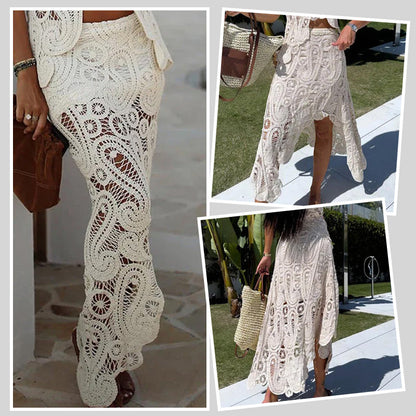 Summer Crochet Lace Elastic Irregular Hem Maxi Skirt